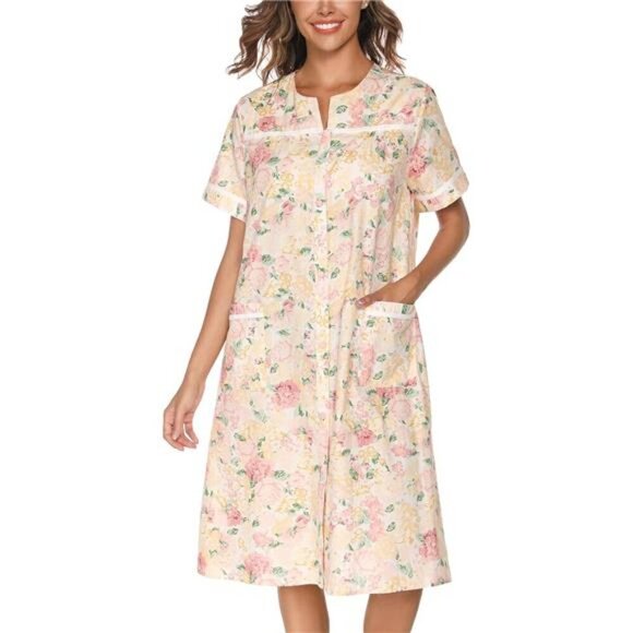 House Dress Womens Embroidered Housecoat Short Sleeve Duster Robe Front Pockets